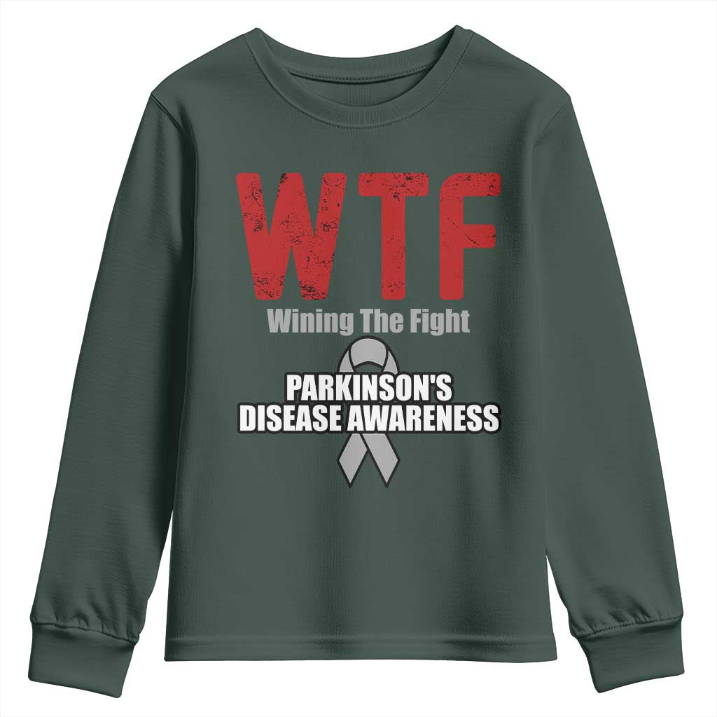 Parkinson's Awareness Youth Sweatshirt WTF Winning The Fight Gray Ribbon Support Parkinsons Warriror TS02 Dark Forest Green Print Your Wear