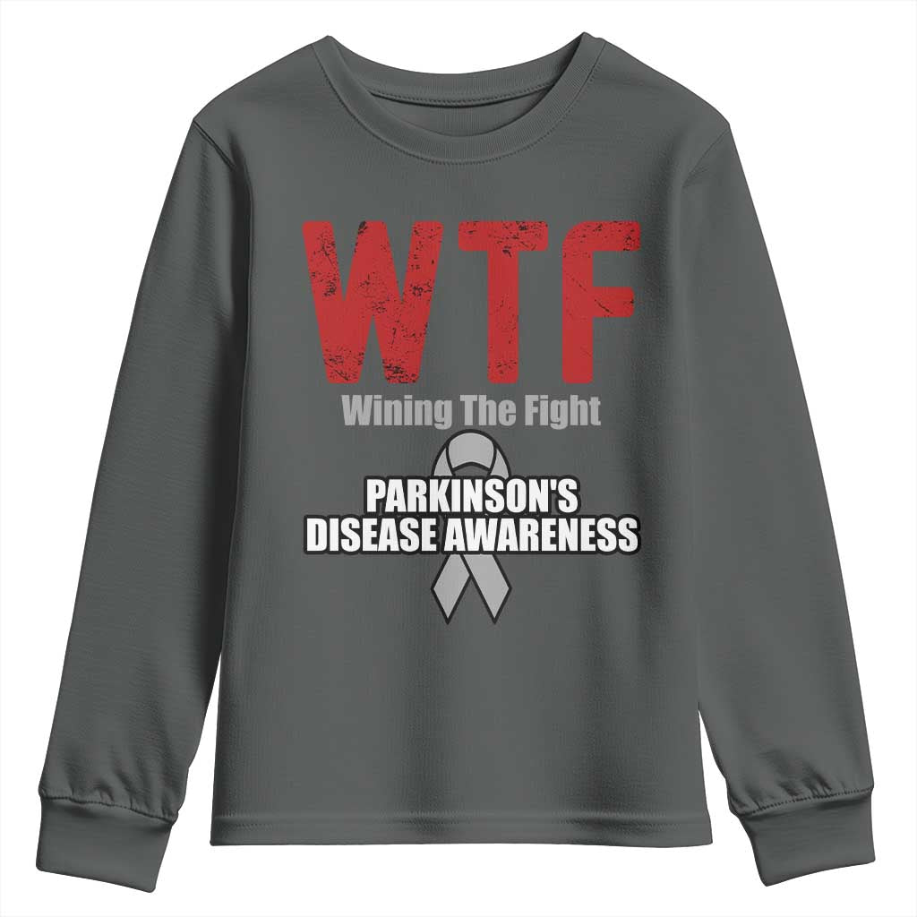 Parkinson's Awareness Youth Sweatshirt WTF Winning The Fight Gray Ribbon Support Parkinsons Warriror TS02 Dark Heather Print Your Wear
