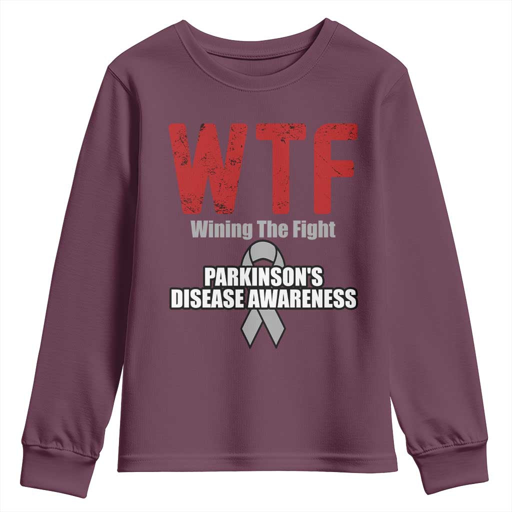 Parkinson's Awareness Youth Sweatshirt WTF Winning The Fight Gray Ribbon Support Parkinsons Warriror TS02 Maroon Print Your Wear