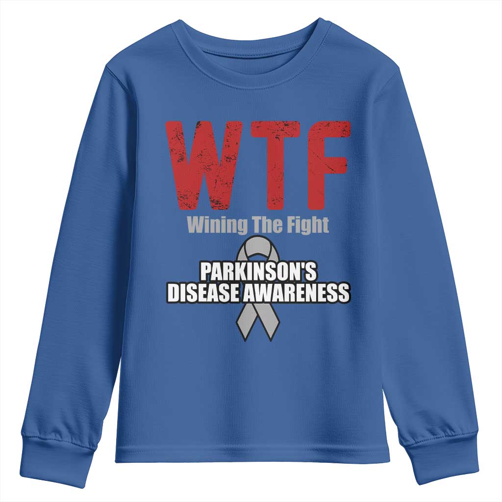Parkinson's Awareness Youth Sweatshirt WTF Winning The Fight Gray Ribbon Support Parkinsons Warriror TS02 Royal Blue Print Your Wear
