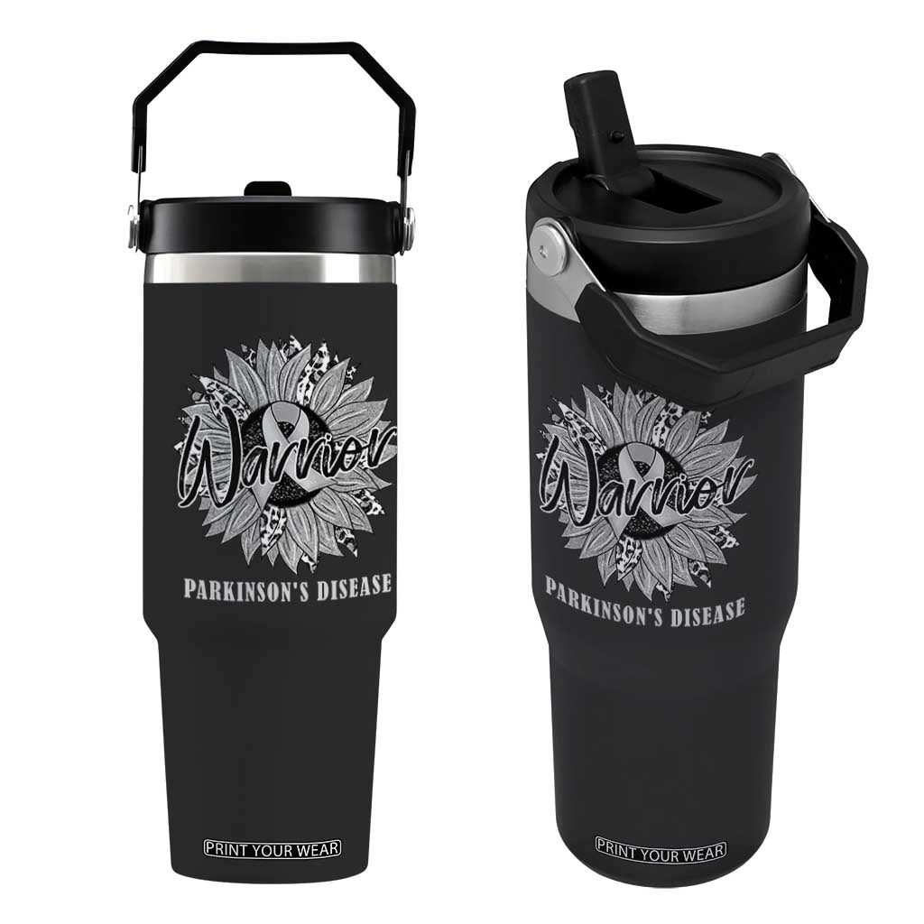 Parkinson's Warrior Flip Straw Tumbler Silver Ribbon Sunflower Support Awareness TS02 One Size: 30 oz Black Print Your Wear
