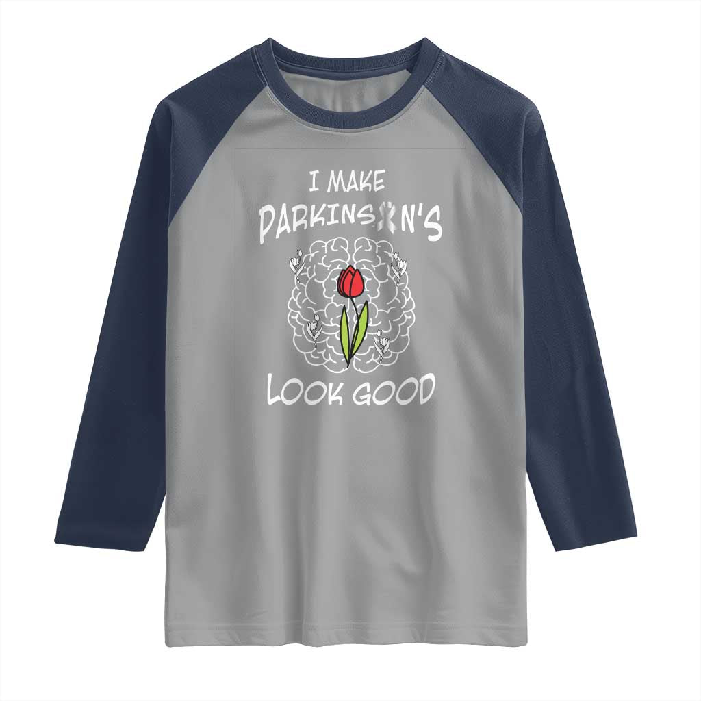 Parkinson's Warrior Raglan Shirt I Make Parkinsons Look Good Tulip TS02 Sport Gray Navy Print Your Wear