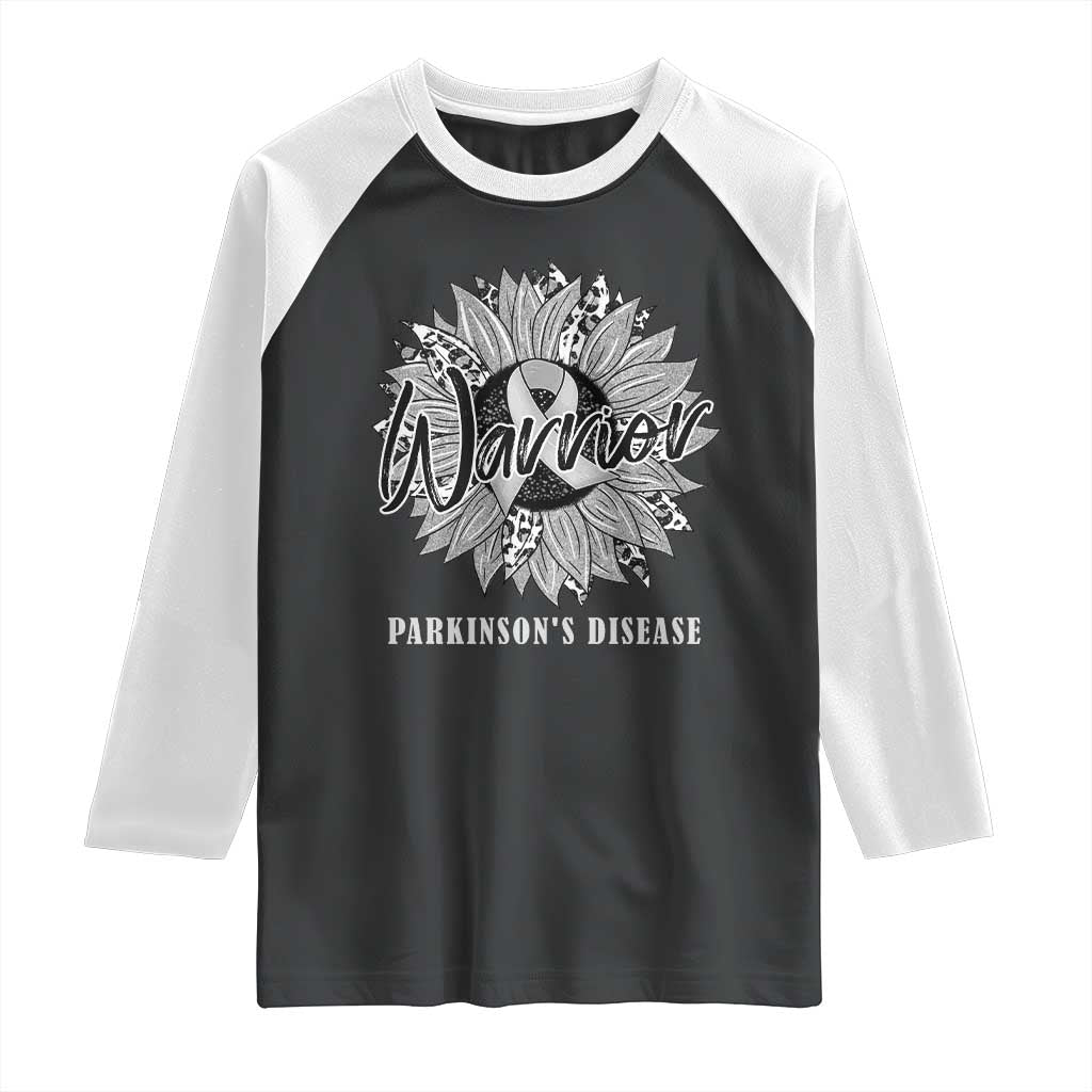 Parkinson's Warrior Raglan Shirt Silver Ribbon Sunflower Support Awareness TS02 Black White Print Your Wear