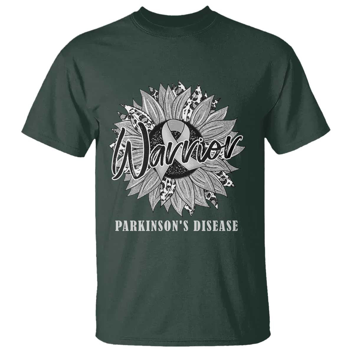 Parkinson's Warrior T Shirt Silver Ribbon Sunflower Support Awareness TS02 Dark Forest Green Print Your Wear