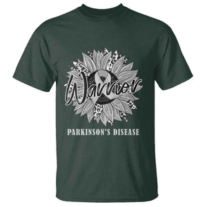 Parkinson's Warrior T Shirt Silver Ribbon Sunflower Support Awareness TS02 Dark Forest Green Print Your Wear