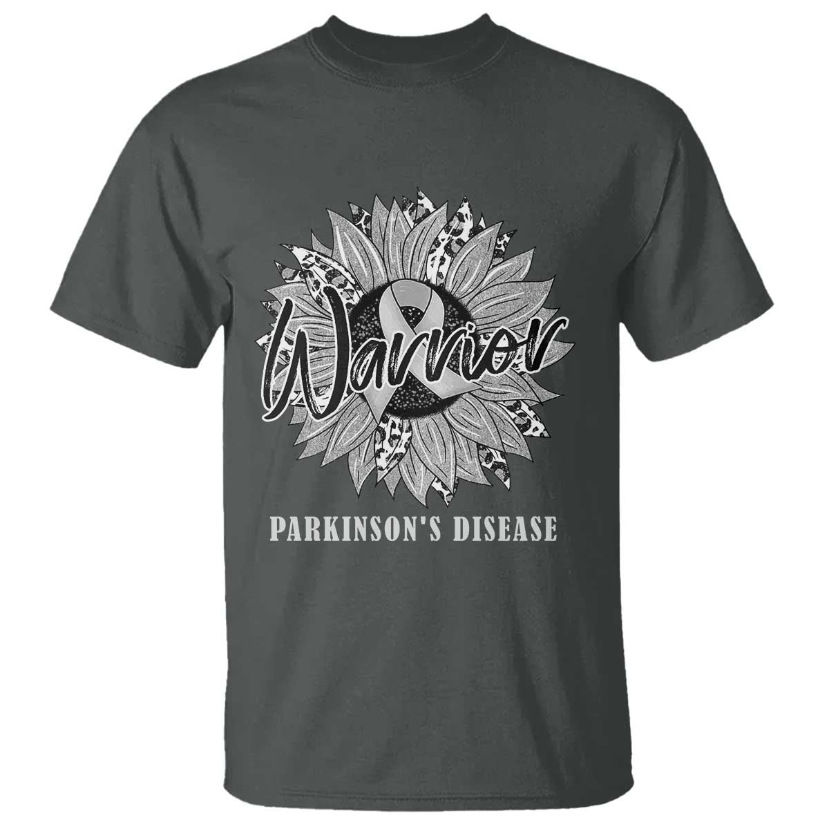 Parkinson's Warrior T Shirt Silver Ribbon Sunflower Support Awareness TS02 Dark Heather Print Your Wear