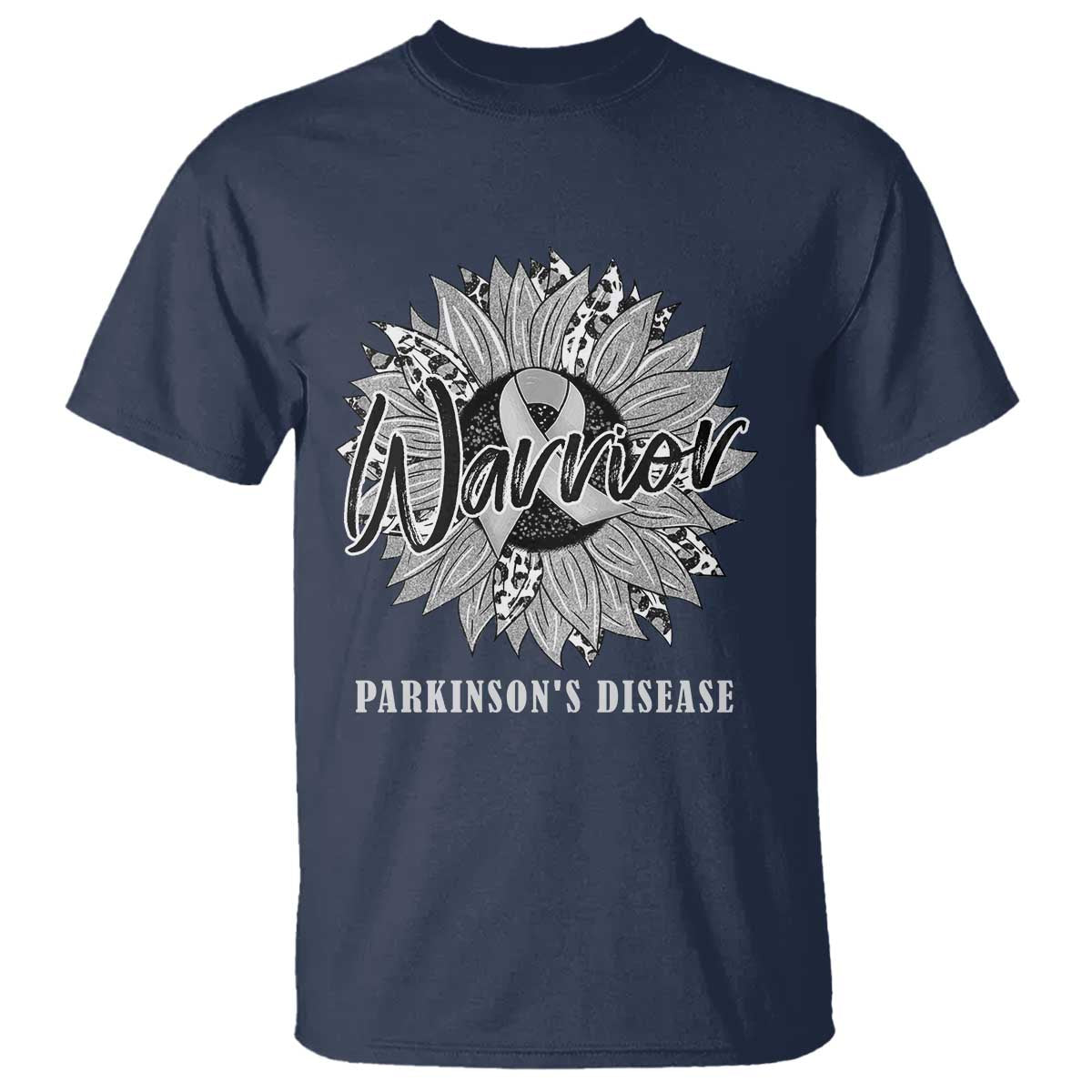 Parkinson's Warrior T Shirt Silver Ribbon Sunflower Support Awareness TS02 Navy Print Your Wear