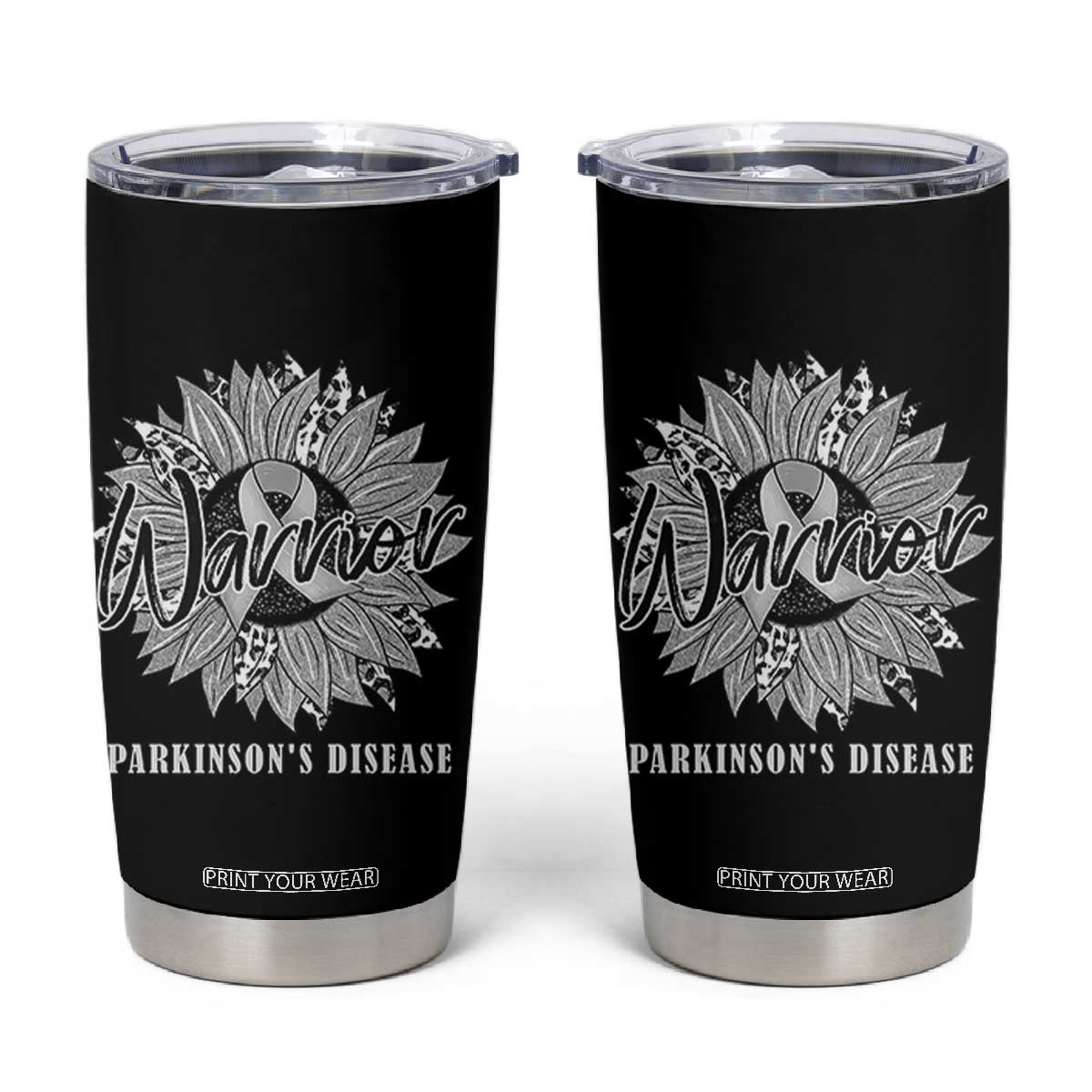 Parkinson's Warrior Tumbler Cup Silver Ribbon Sunflower Support Awareness TS02 Black Print Your Wear
