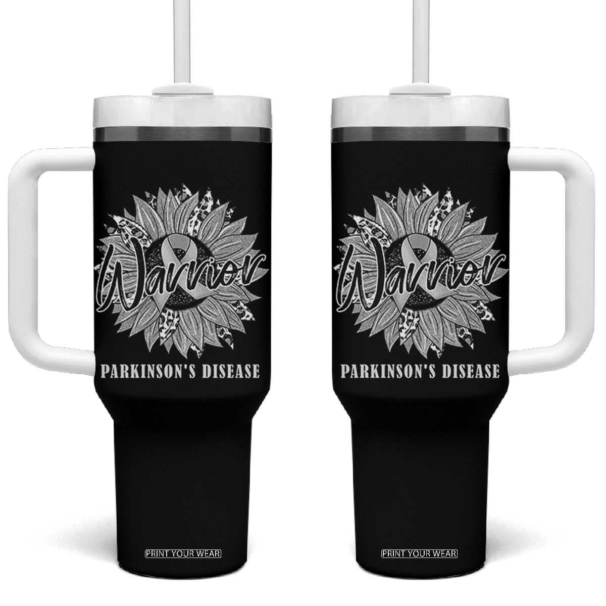 Parkinson's Warrior Tumbler With Handle Silver Ribbon Sunflower Support Awareness TS02 One Size: 40 oz Black Print Your Wear