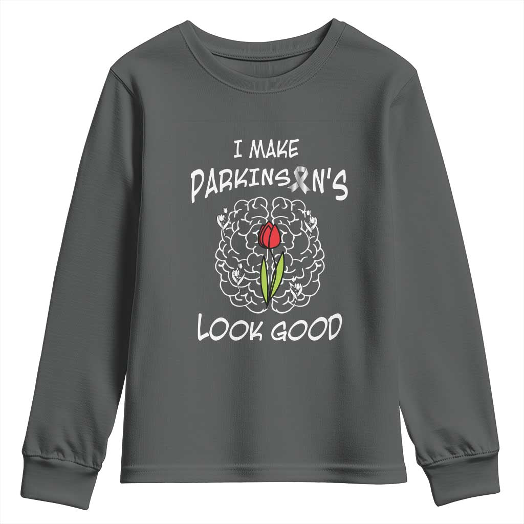 Parkinson's Warrior Youth Sweatshirt I Make Parkinsons Look Good Tulip TS02 Dark Heather Print Your Wear