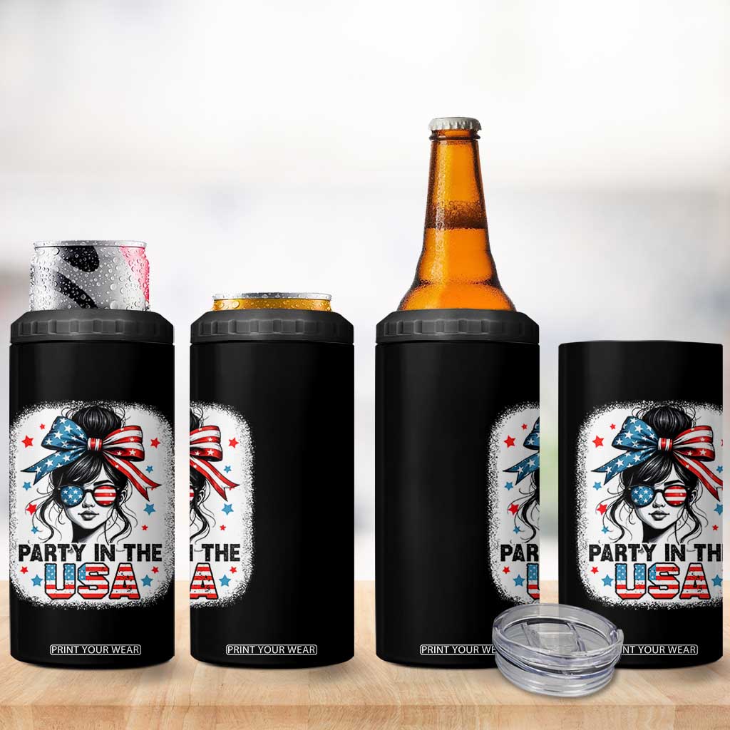 Party In USA Girls 4th of July 4 in 1 Can Cooler Tumbler Messy Bun USA TS10 Print Your Wear