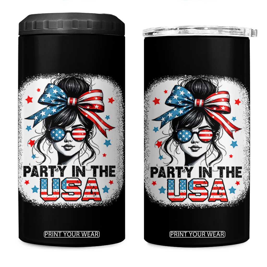 Party In USA Girls 4th of July 4 in 1 Can Cooler Tumbler Messy Bun USA TS10 One Size: 16 oz Black Print Your Wear