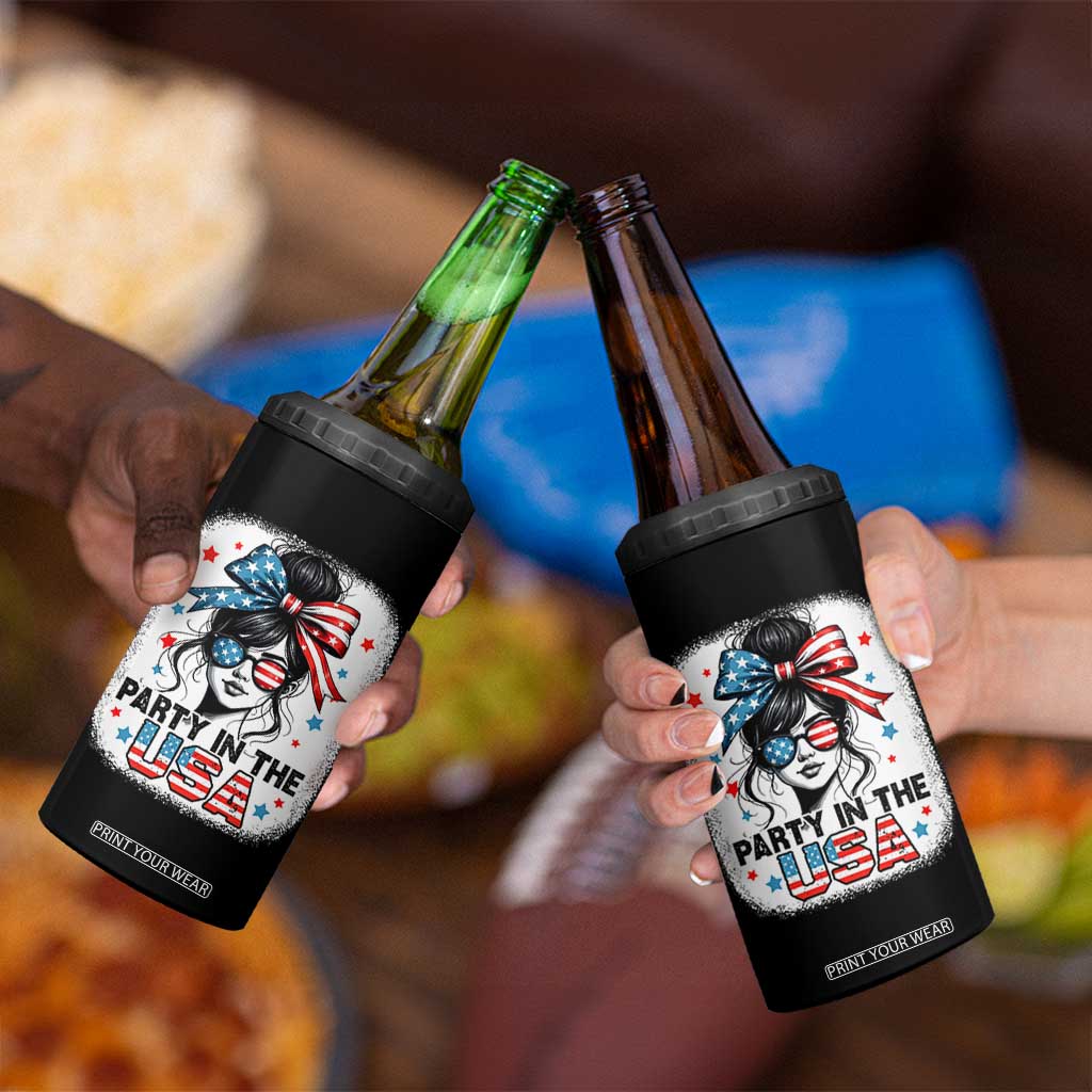 Party In USA Girls 4th of July 4 in 1 Can Cooler Tumbler Messy Bun USA TS10 Print Your Wear