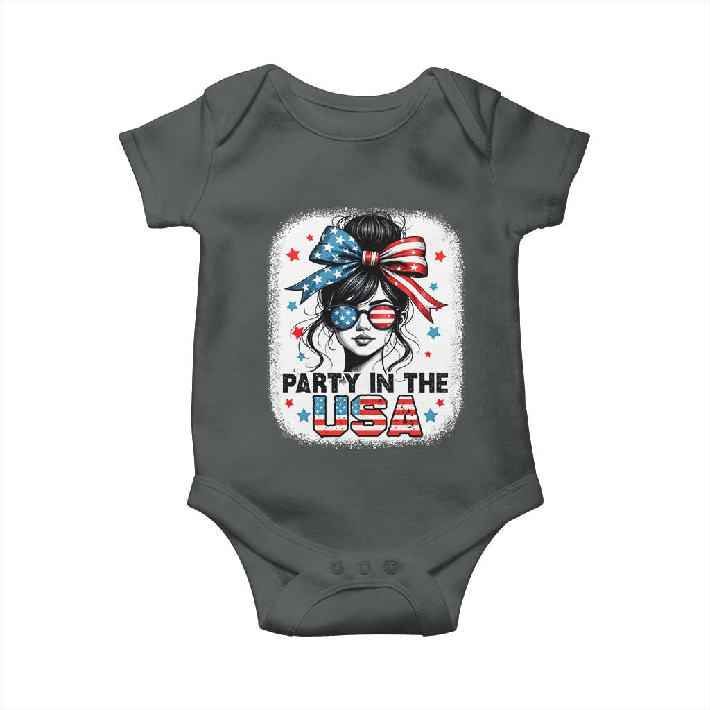Party In USA Girls 4th of July Baby Onesie Messy Bun USA TS10 Dark Heather Print Your Wear