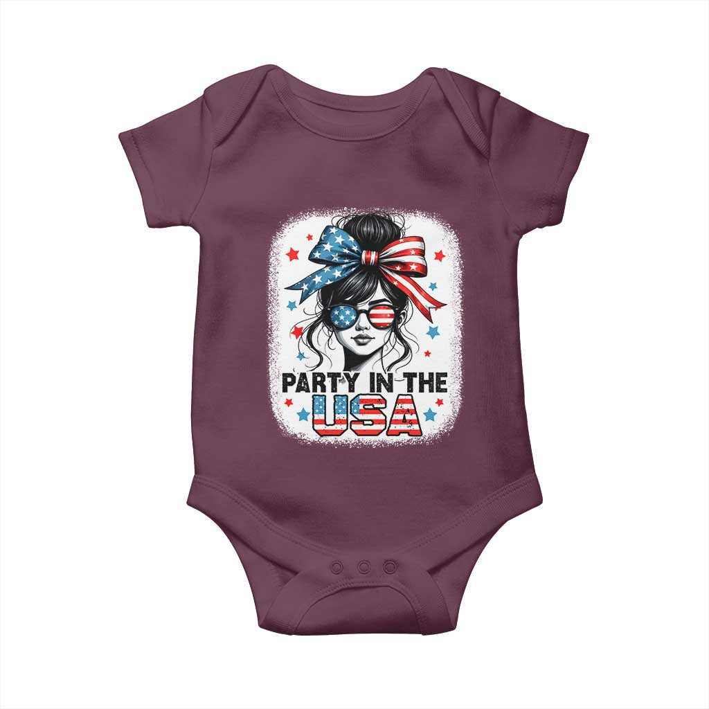 Party In USA Girls 4th of July Baby Onesie Messy Bun USA TS10 Maroon Print Your Wear