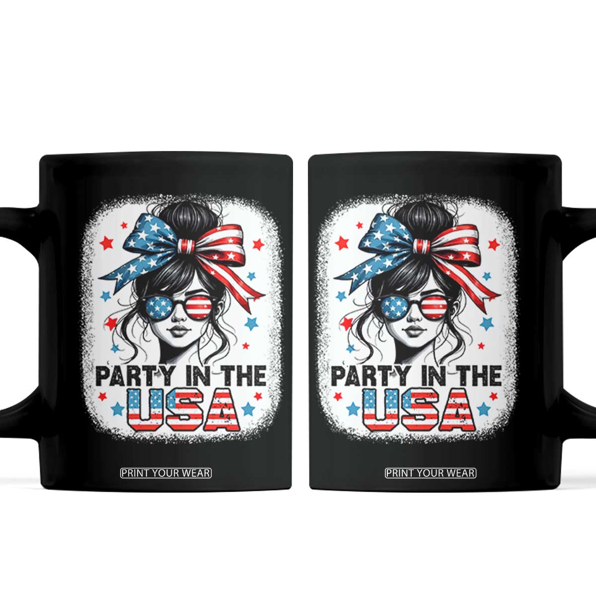 Party In USA Girls 4th of July Coffee Mug Messy Bun USA TS10 Black Print Your Wear