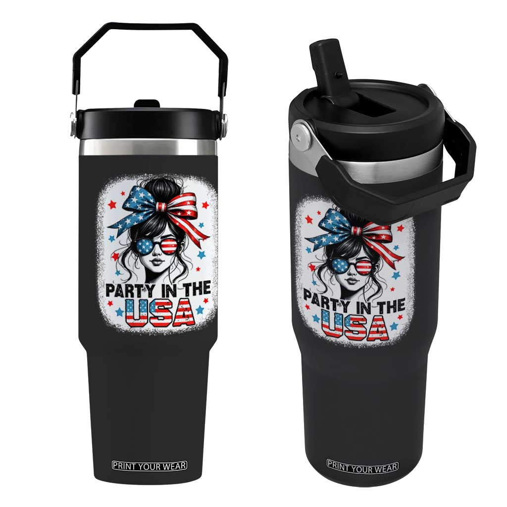 Party In USA Girls 4th of July Flip Straw Tumbler Messy Bun USA TS10 One Size: 30 oz Black Print Your Wear