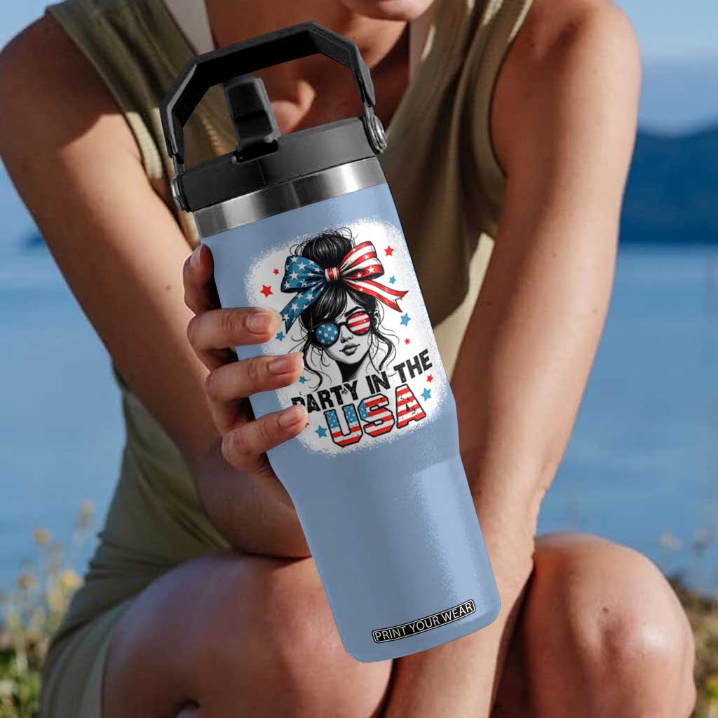 Party In USA Girls 4th of July Flip Straw Tumbler Messy Bun USA TS10 One Size: 30 oz Light Blue Print Your Wear