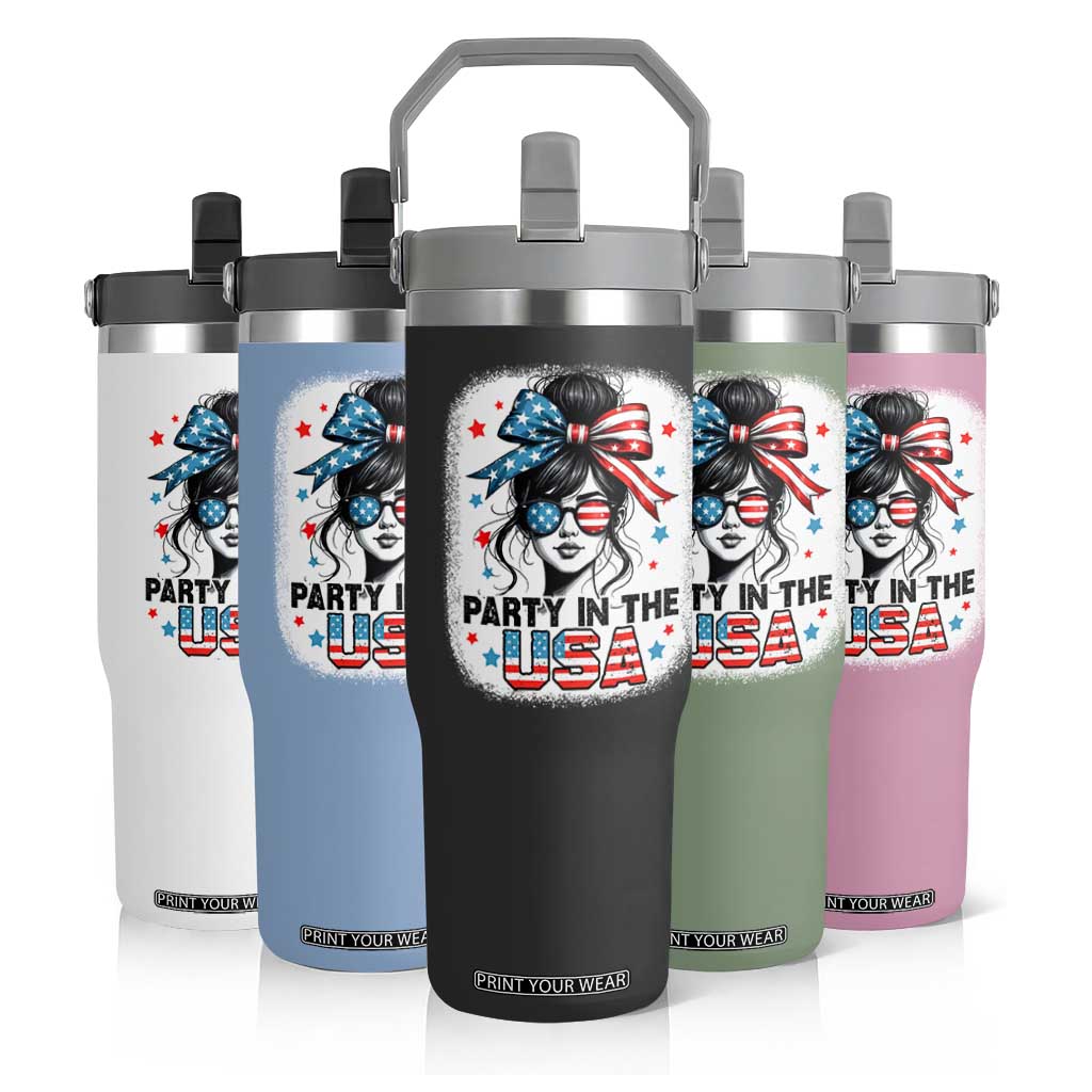Party In USA Girls 4th of July Flip Straw Tumbler Messy Bun USA TS10 Print Your Wear