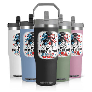 Party In USA Girls 4th of July Flip Straw Tumbler Messy Bun USA TS10 Print Your Wear