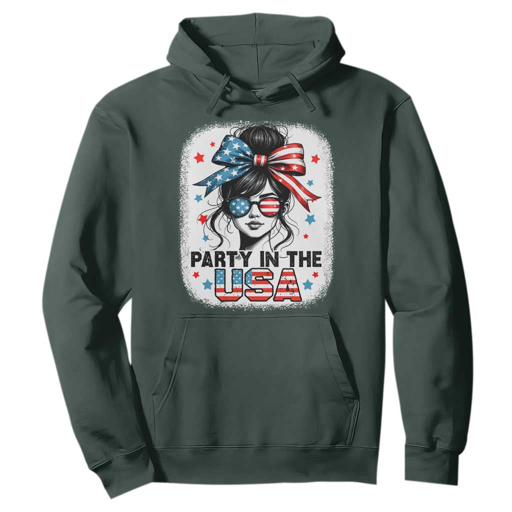 Party In USA Girls 4th of July Hoodie Messy Bun USA TS10 Dark Forest Green Print Your Wear