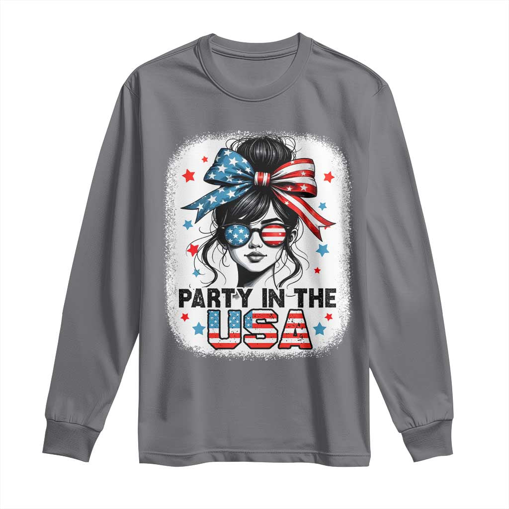 Party In USA Girls 4th of July Long Sleeve Shirt Messy Bun USA TS10 Charcoal Print Your Wear