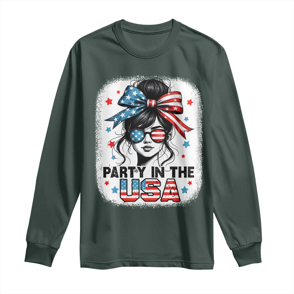 Party In USA Girls 4th of July Long Sleeve Shirt Messy Bun USA TS10 Dark Forest Green Print Your Wear