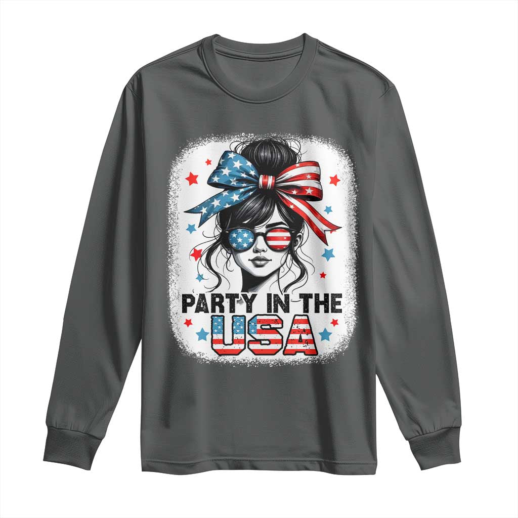 Party In USA Girls 4th of July Long Sleeve Shirt Messy Bun USA TS10 Dark Heather Print Your Wear