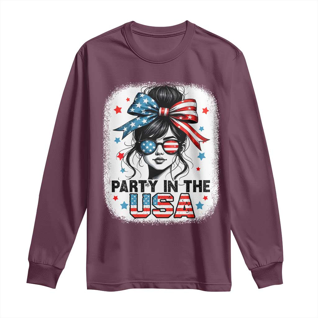 Party In USA Girls 4th of July Long Sleeve Shirt Messy Bun USA TS10 Maroon Print Your Wear