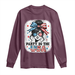 Party In USA Girls 4th of July Long Sleeve Shirt Messy Bun USA TS10 Maroon Print Your Wear