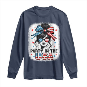 Party In USA Girls 4th of July Long Sleeve Shirt Messy Bun USA TS10 Navy Print Your Wear