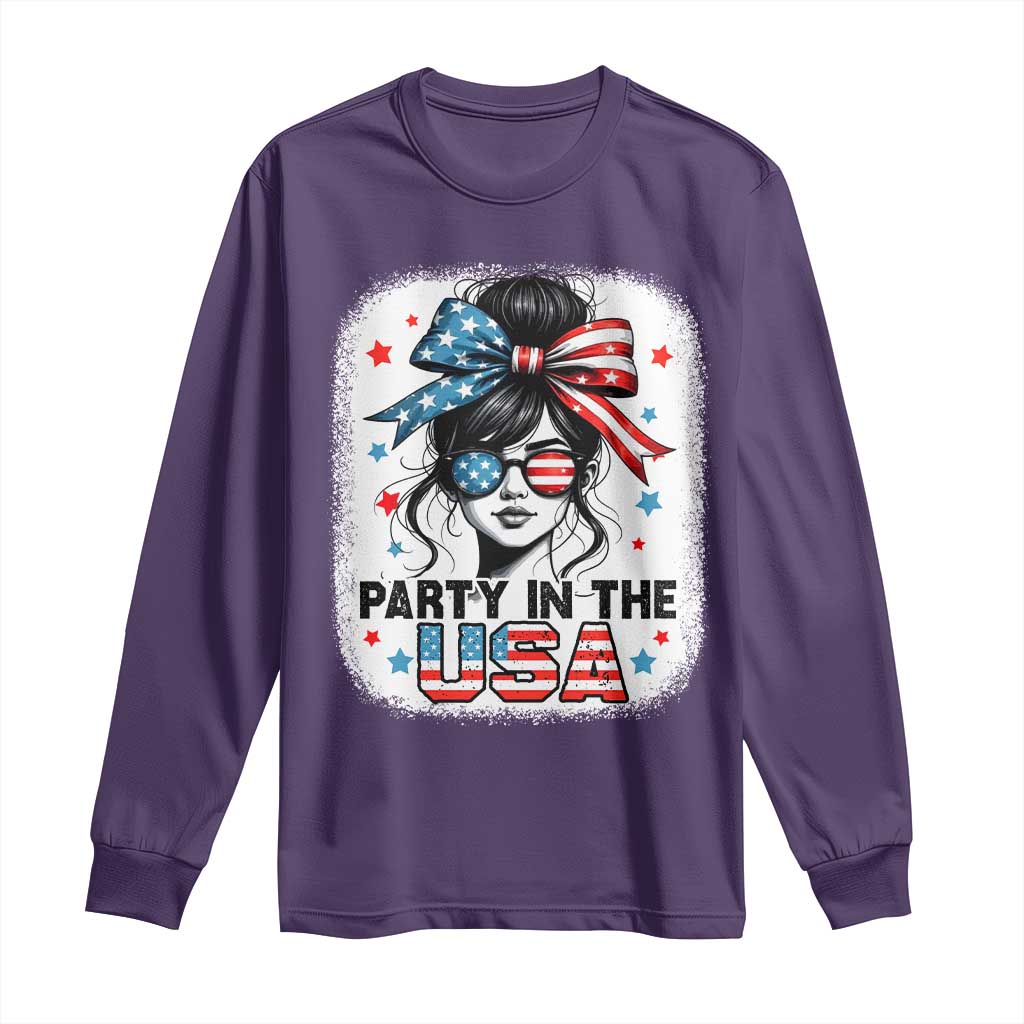 Party In USA Girls 4th of July Long Sleeve Shirt Messy Bun USA TS10 Purple Print Your Wear