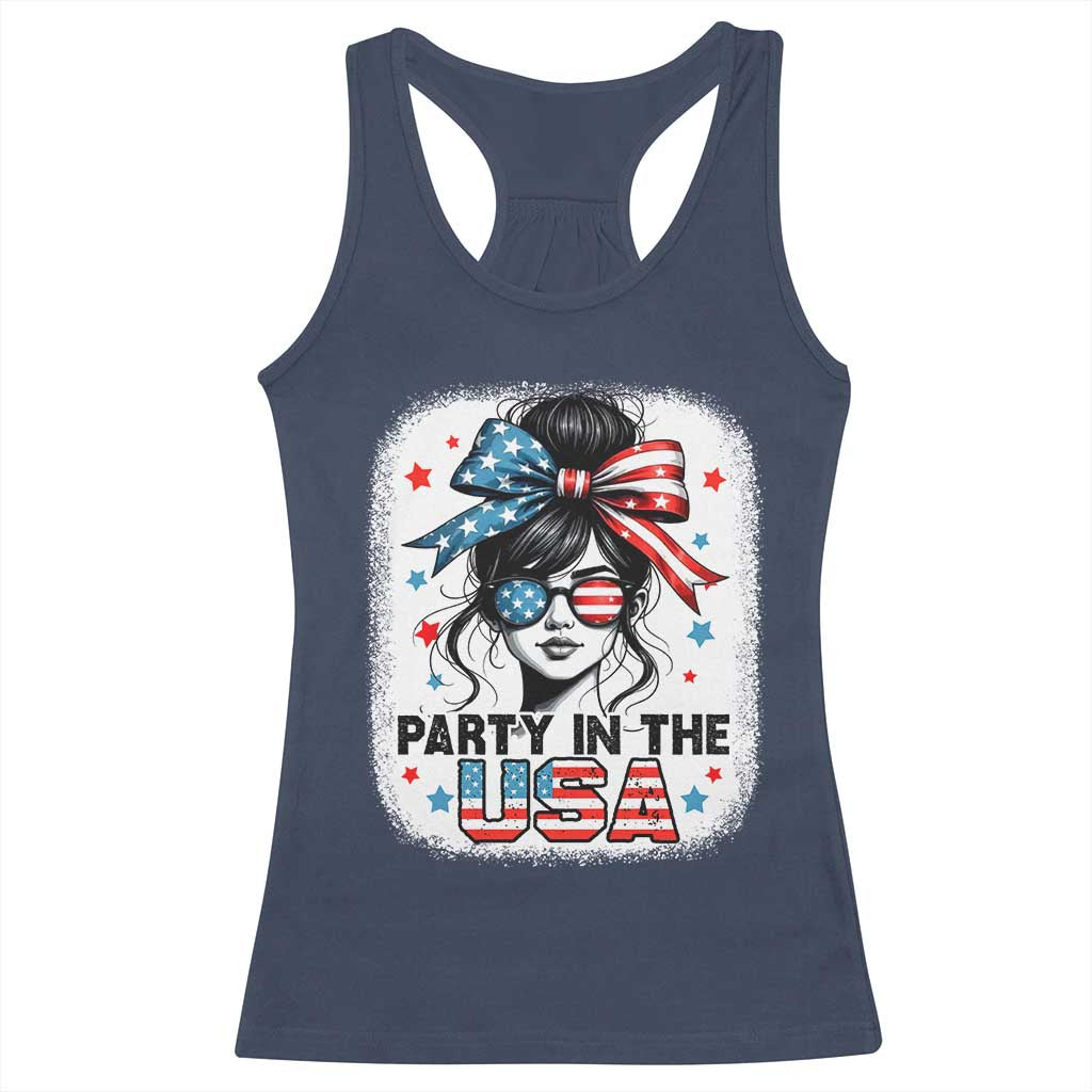 Party In USA Girls 4th of July Racerback Tank Top Messy Bun USA TS10 Navy Print Your Wear