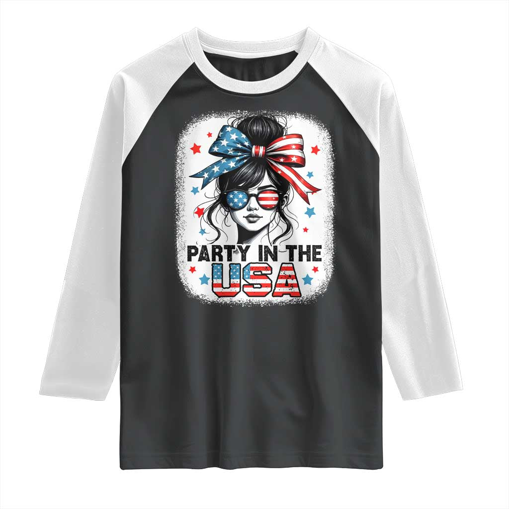 Party In USA Girls 4th of July Raglan Shirt Messy Bun USA TS10 Black White Print Your Wear