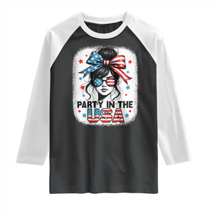 Party In USA Girls 4th of July Raglan Shirt Messy Bun USA TS10 Black White Print Your Wear