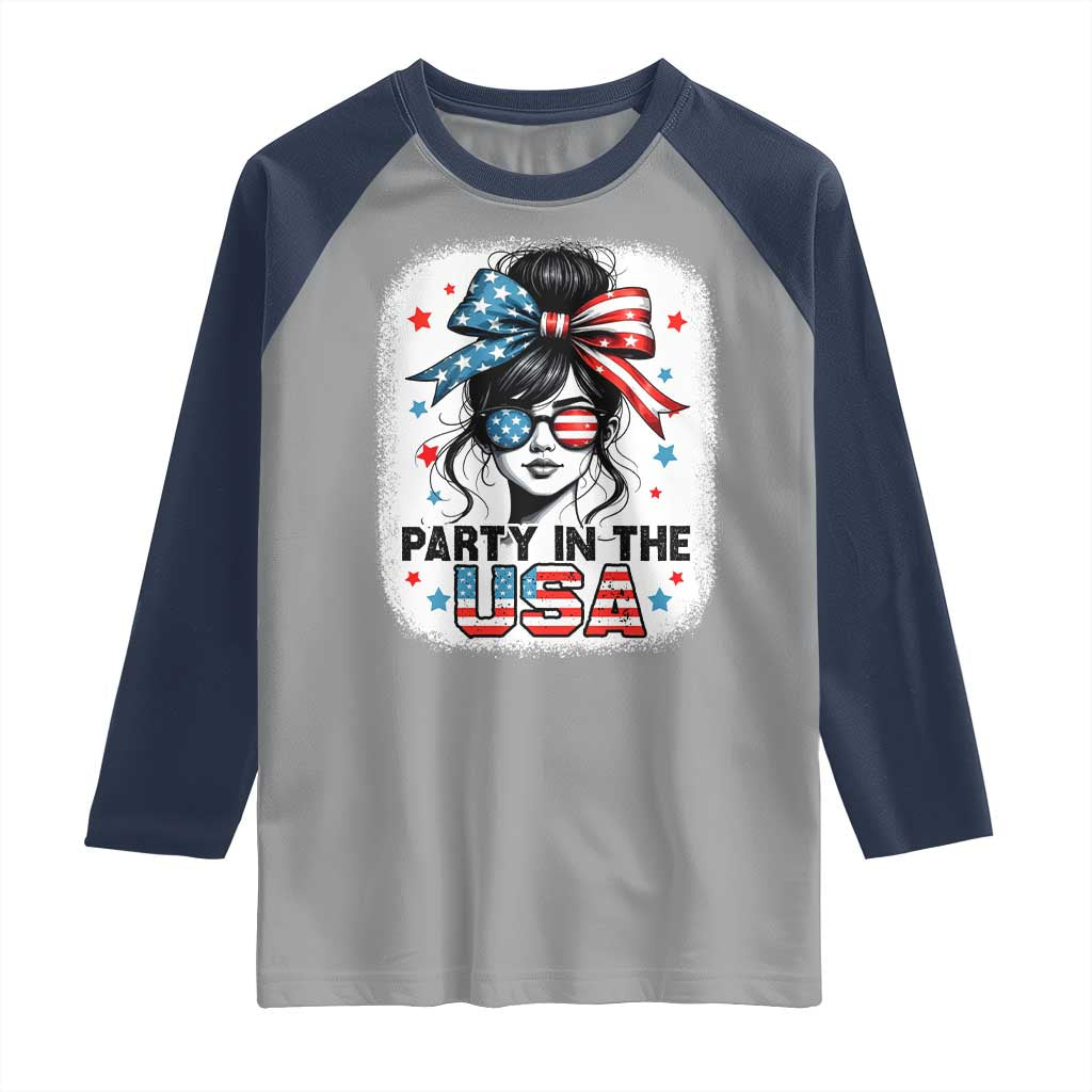 Party In USA Girls 4th of July Raglan Shirt Messy Bun USA TS10 Sport Gray Navy Print Your Wear