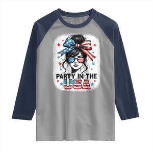 Party In USA Girls 4th of July Raglan Shirt Messy Bun USA TS10 Sport Gray Navy Print Your Wear