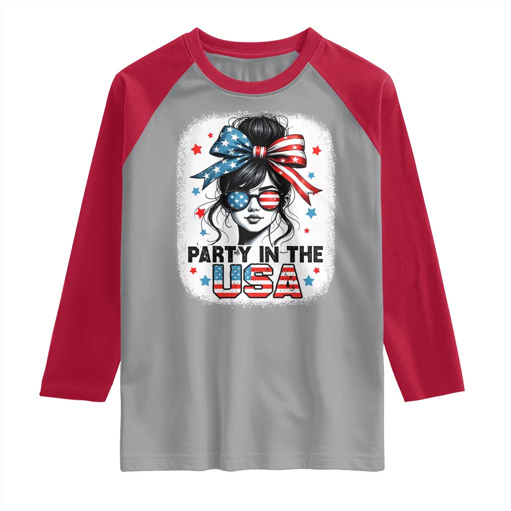 Party In USA Girls 4th of July Raglan Shirt Messy Bun USA TS10 Sport Gray Red Print Your Wear