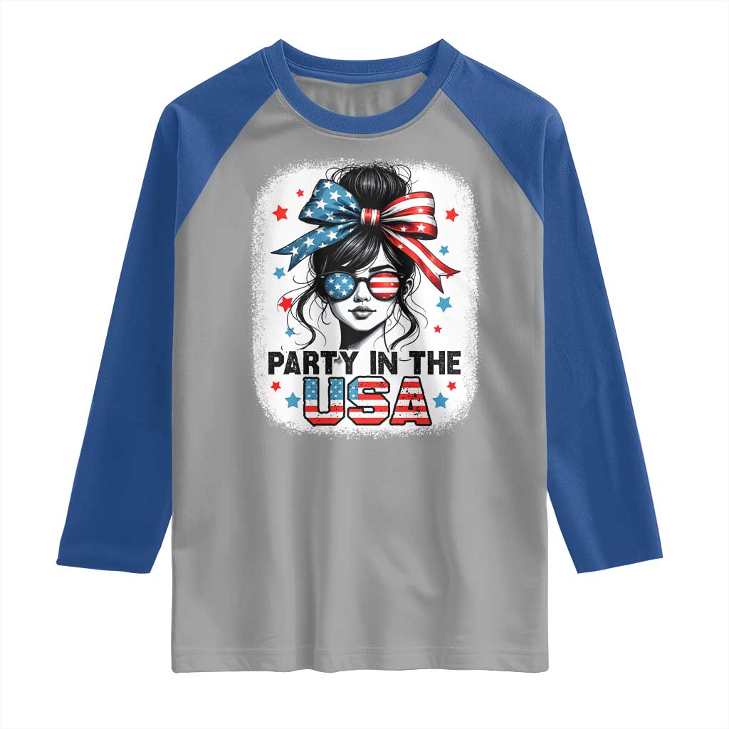 Party In USA Girls 4th of July Raglan Shirt Messy Bun USA TS10 Sport Gray Royal Print Your Wear