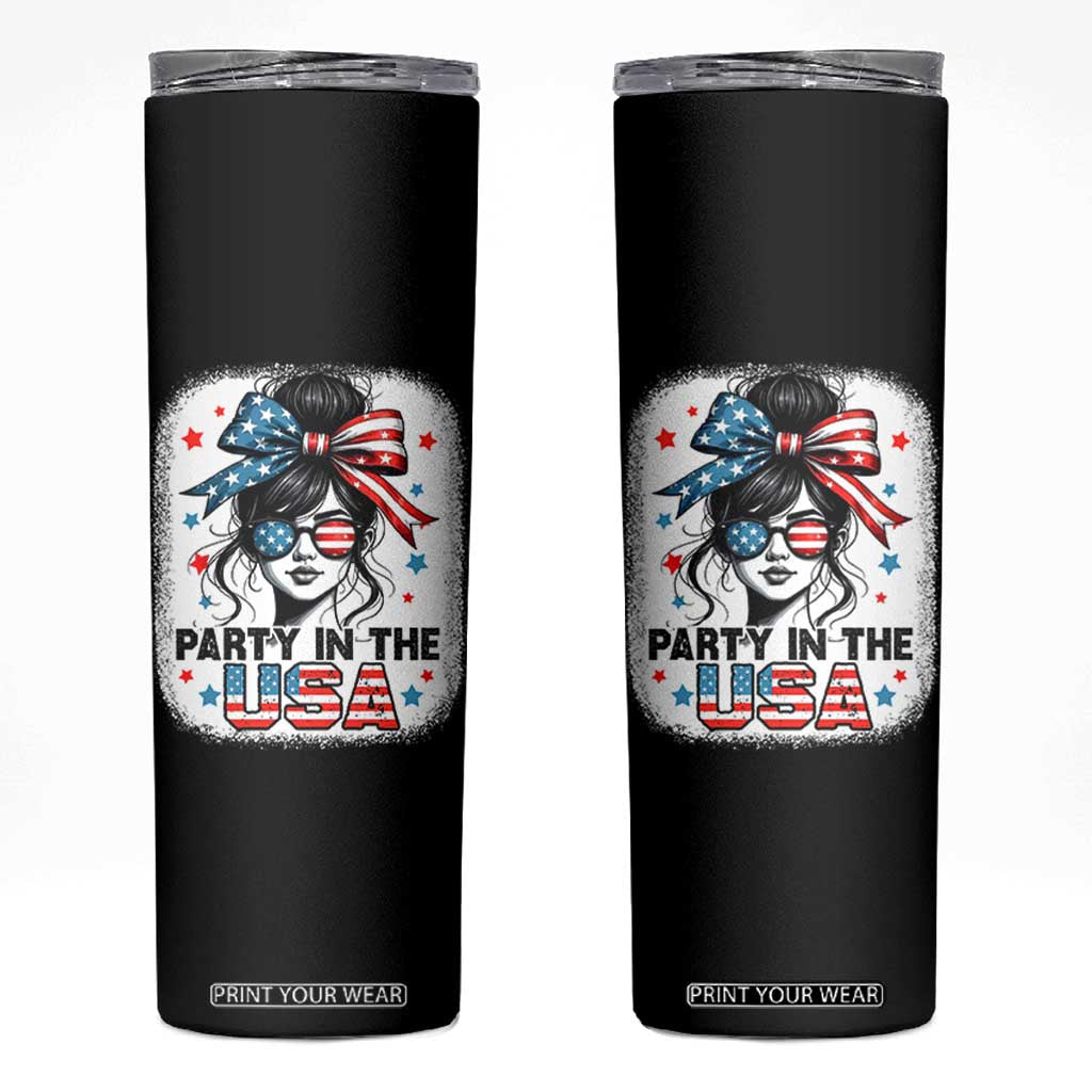 Party In USA Girls 4th of July Skinny Tumbler Messy Bun USA TS10 Black Print Your Wear