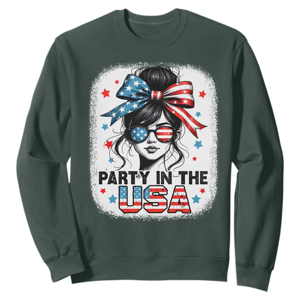 Party In USA Girls 4th of July Sweatshirt Messy Bun USA TS10 Dark Forest Green Print Your Wear
