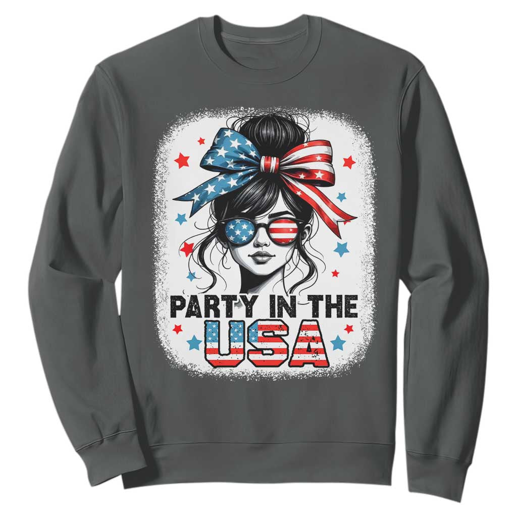 Party In USA Girls 4th of July Sweatshirt Messy Bun USA TS10 Dark Heather Print Your Wear