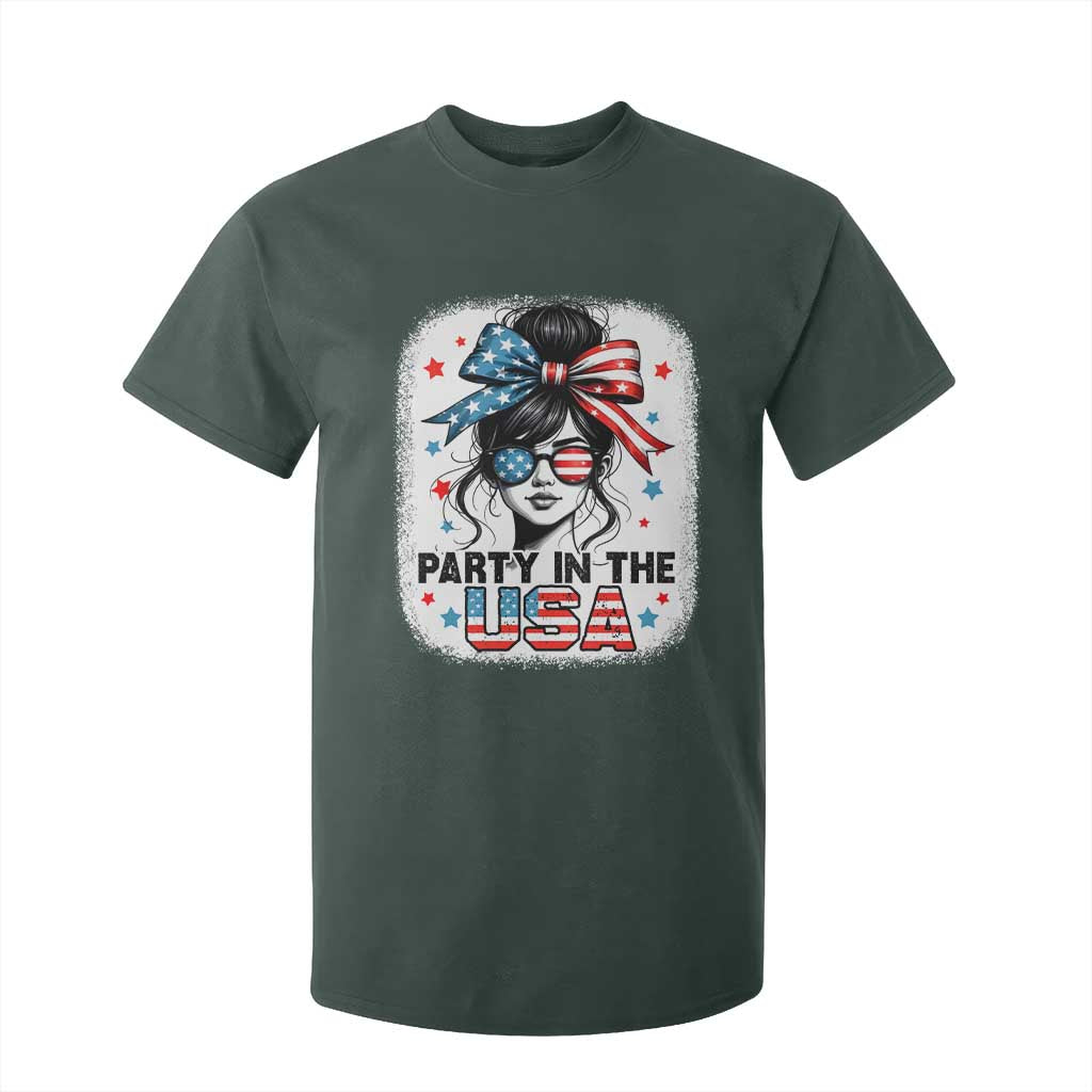 Party In USA Girls 4th of July T Shirt For Kid Messy Bun USA TS10 Dark Forest Green Print Your Wear