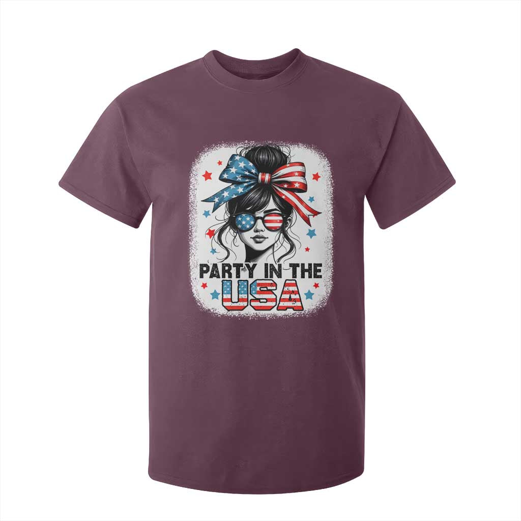 Party In USA Girls 4th of July T Shirt For Kid Messy Bun USA TS10 Maroon Print Your Wear