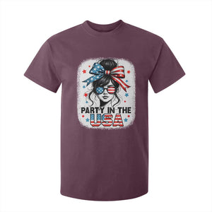 Party In USA Girls 4th of July T Shirt For Kid Messy Bun USA TS10 Maroon Print Your Wear