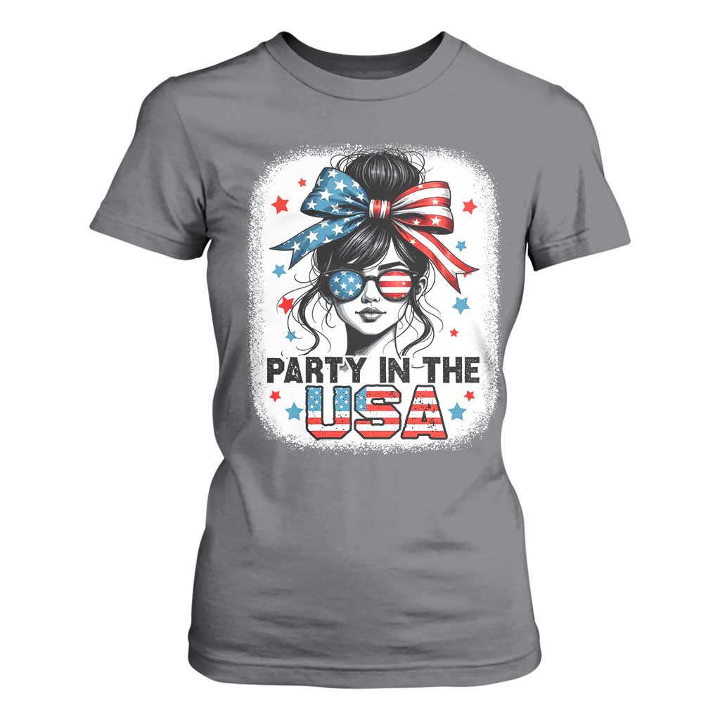 Party In USA Girls 4th of July T Shirt For Women Messy Bun USA TS10 Charcoal Print Your Wear