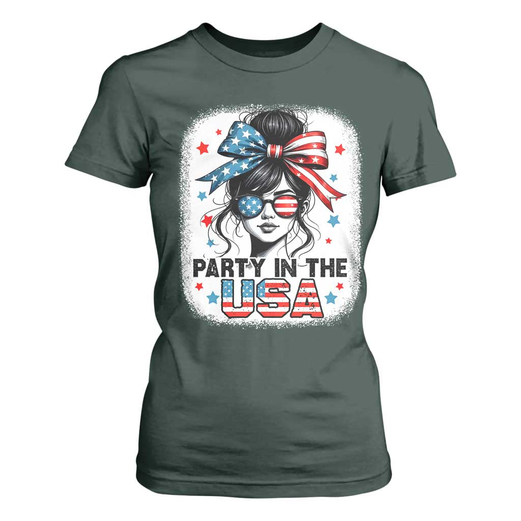 Party In USA Girls 4th of July T Shirt For Women Messy Bun USA TS10 Dark Forest Green Print Your Wear
