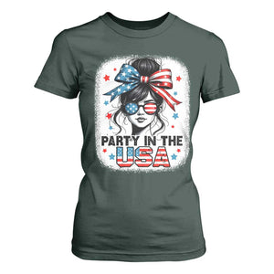 Party In USA Girls 4th of July T Shirt For Women Messy Bun USA TS10 Dark Forest Green Print Your Wear