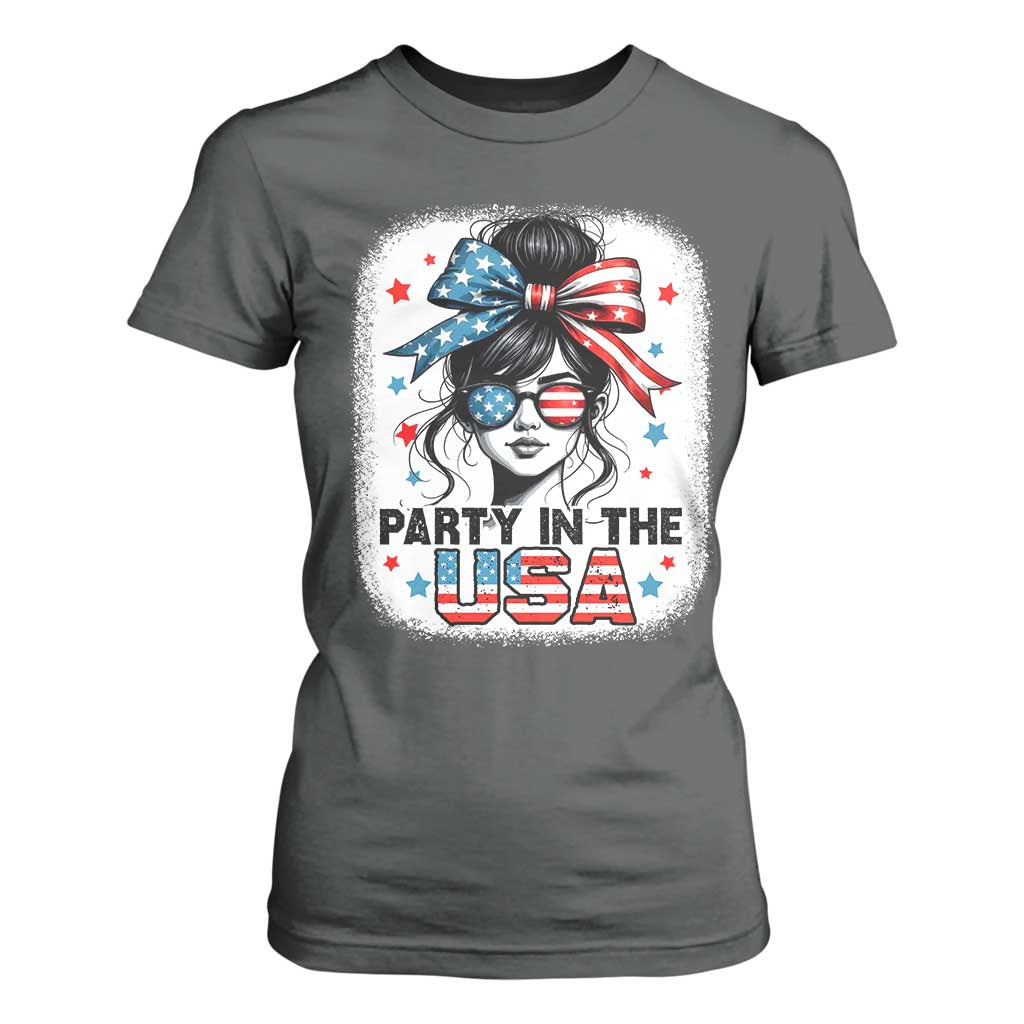 Party In USA Girls 4th of July T Shirt For Women Messy Bun USA TS10 Dark Heather Print Your Wear