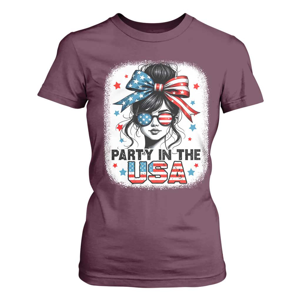 Party In USA Girls 4th of July T Shirt For Women Messy Bun USA TS10 Maroon Print Your Wear